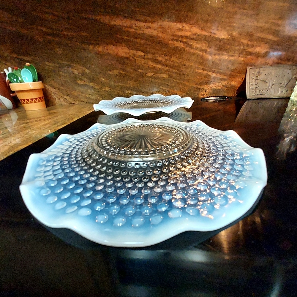 Vintage Moonstone Hobnail Glass Platters Scalope Rim set of 2.